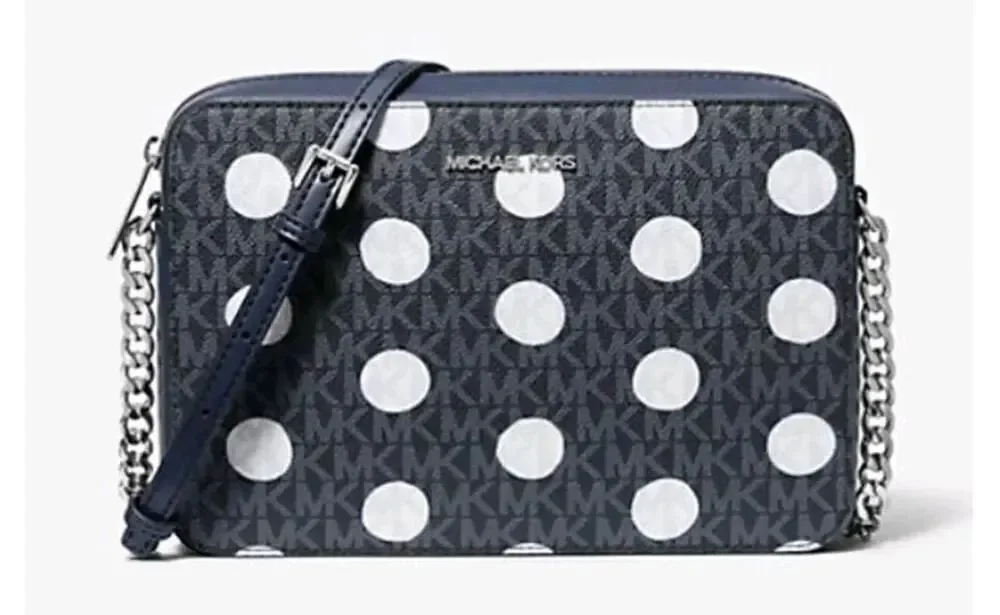 NWT~GIFT BOXED~MICHAEL KORS Large Jet Set Navy Polka Dot Sig Logo Crossbody Bag